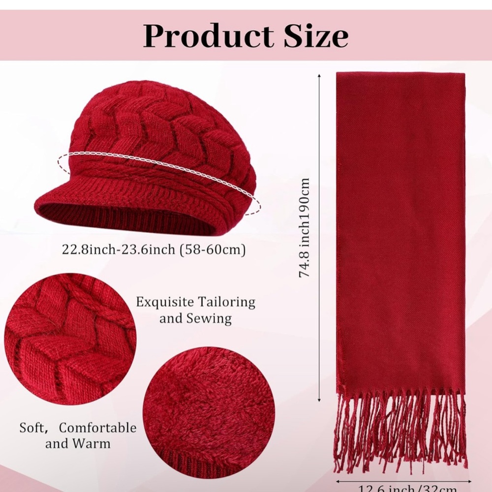 Women Winter Warm Knit Hat Scarf cap and Glove Wine Red - Picture 1 of 7